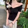 Korean version ins temperament pure desire short-sleeved T-shirt women's summer new slim-fit V-neck design pleated bottoming shirt top