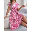 GMXIA Spring Summer Elegant Floral Short-sleeved Wide-swing Pleated Dress for Women's Wear