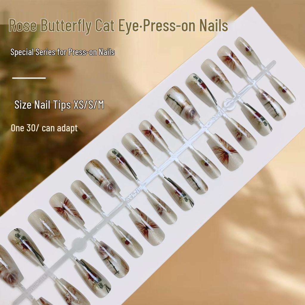 

Retro Rose Cat Eye Butterfly Finished Wearable False Nails