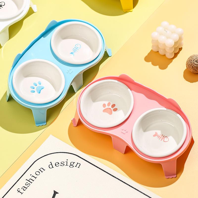 Ceramic Cat Food & Water Bowl with Slanted Design - Protects Cervical Spine, Anti-Tipping, Double Bowl for Feeding & Drinking