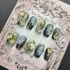 Unghie Finte Corti Artigianali In Stile Chic Trendy Verde per Donne Fai-da-te Unghie Indossabili Con Motivi Floreali Farfalla Croce