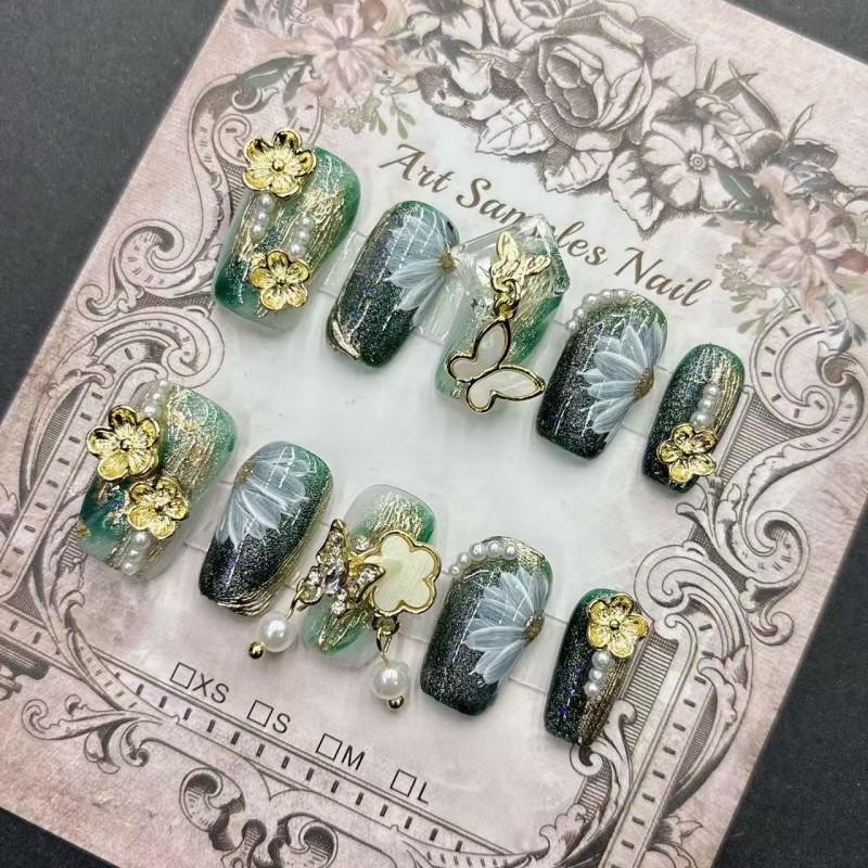 Unghie Finte Corti Artigianali In Stile Chic Trendy Verde per Donne Fai-da-te Unghie Indossabili Con Motivi Floreali Farfalla Croce