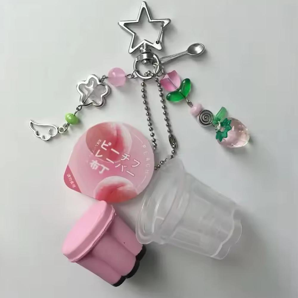 Japanese Pudding Keychain Pink Yellow Egg Flan Charm Y2K Heisei Retro Aesthetic Beaded Cosplay Accesseries
