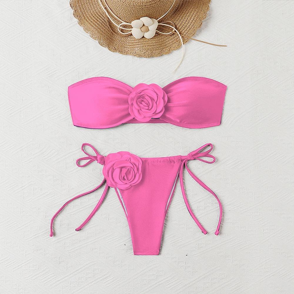 European and American Solid Color Rose Tube Top Bikini Drawstring Strap Split Swimsuit