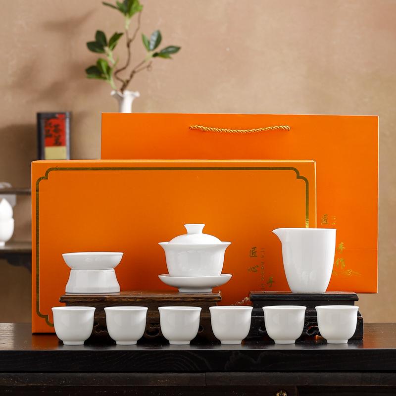 Dehua White Porcelain Kung Fu Tea Set Household Suet Jade Porcelain Tea Cover Bowl Teapot Teacup Ceramic Gift Box