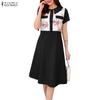 Women Casual Doll Collar Summer Short Sleeve Splice Print Dress