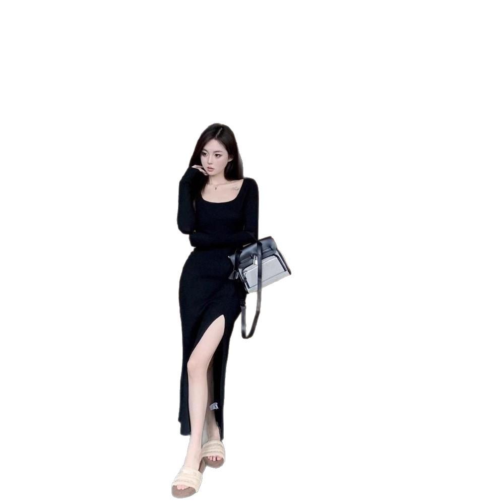 Sexy Spice Girl Split Hip Wrap Dress Women's Early Autumn New Temperament Slim and Skinny Long Sleeve Bottom Skirt