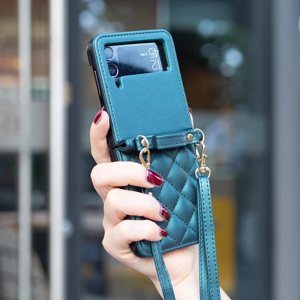 Luxury Diamond Lanyard Leather Case For Samsung Galaxy Z Flip 7 FE 6 5 4 3 5G Flip6 Flip5 Shoulder Strap Crossbody Folding Cover