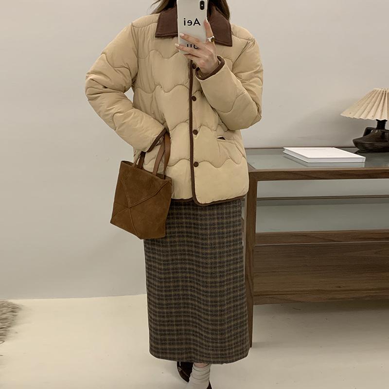 New Contrasting Color Sewn Cotton Jacket Short Autumn and Winter Women's Retro Lapel Thin Cotton Jacket Thickened Jacket