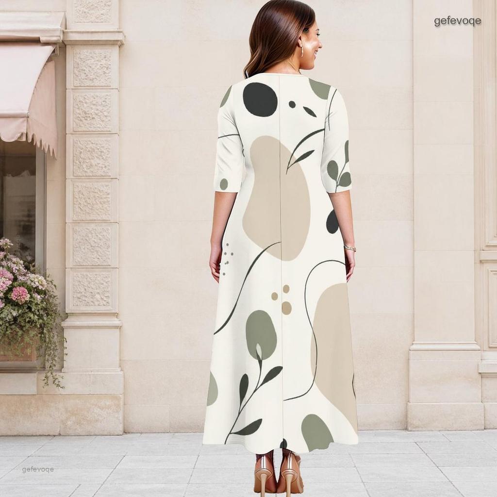 Women Plus Size Keyhole Neck 3 4 Sleeve Abstract Print Long Maxi Dress