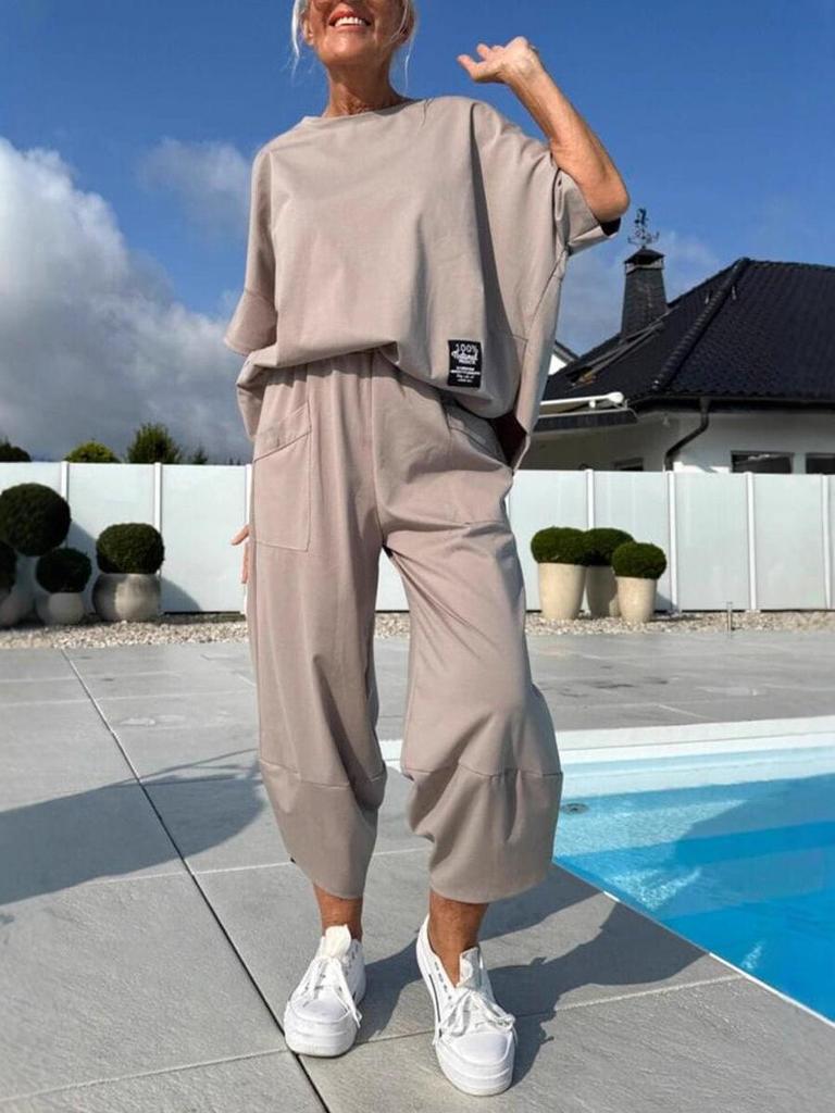 2025 Sommer Damen Lässiges Lockeres Zweiteiliges Set mit Taschen und Kurzen Ärmeln