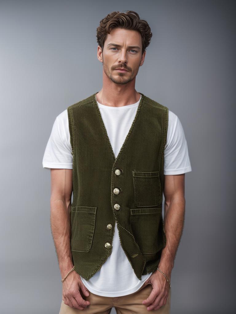 Men's Corduroy Patchwork Vest - Spring/Autumn Single-Breasted Solid Color Jacket