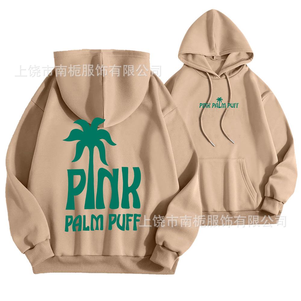 Women's Hooded Long Sleeve Drop Shoulder Pullover Sweatshirt Palm Tree "PINK PALM PUFF" Back Letter Print Casual Hoodie