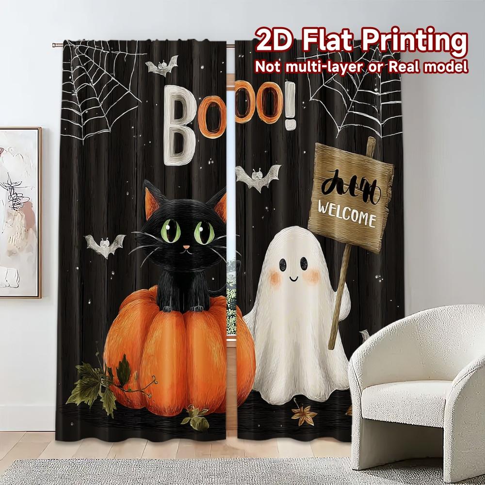 2pcs,Curtains Black Cat_ Bats & Pumpkins Popular Curtain Fabric Yarn Curtains Gifts Perfect for Bedroom & Living Room Decor