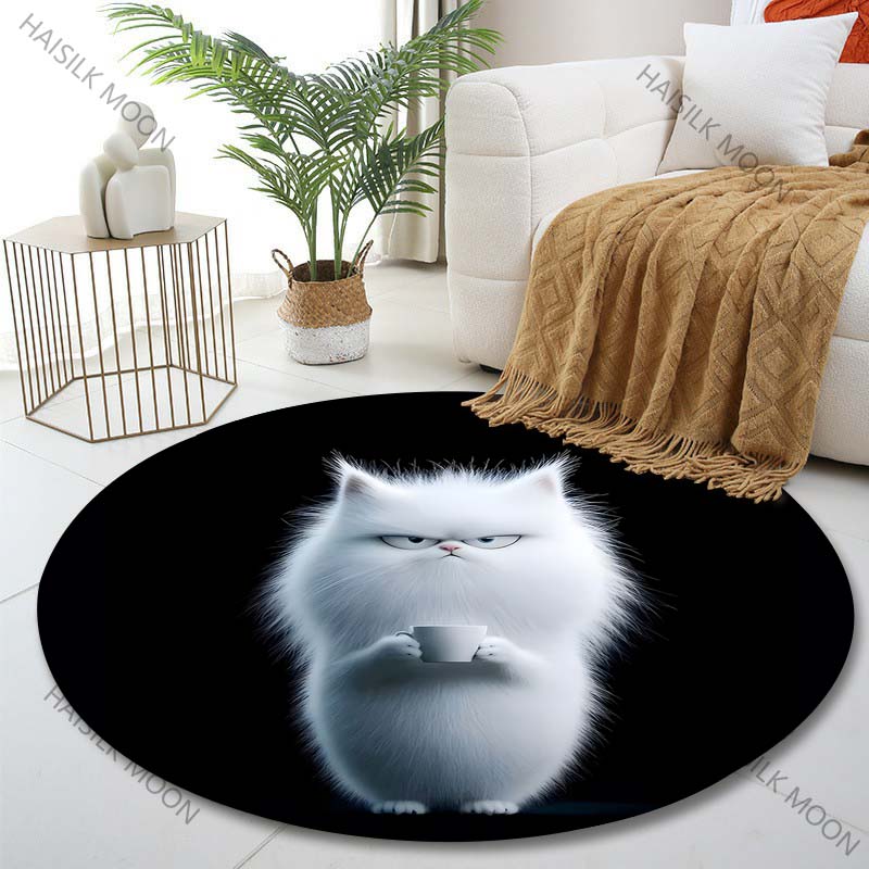 

Multiple sizes White cat holding coffee cup Print Round Carpet Living Room Bedroom Table Chair Sofa Decorative Carpet Diameter -60cm
