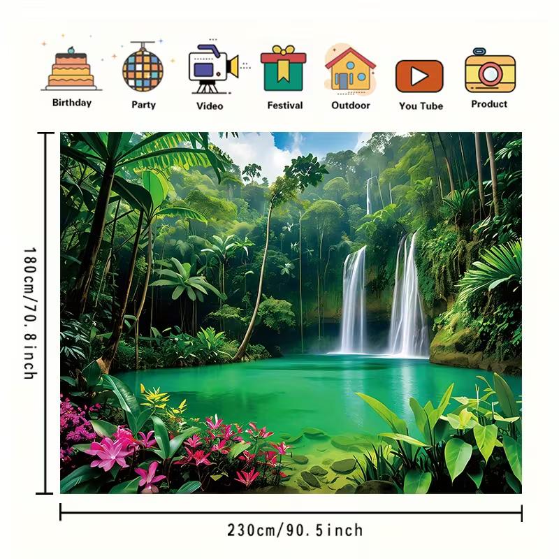 2D Turquoise Pool Waterfall Tapestry Lush Rainforest Photography Background
