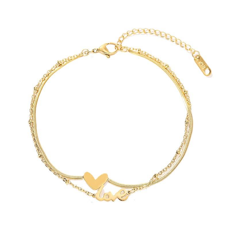 Love Heart Anklets Gold Color Foot Jewelry Vintage Trendy Double Layer Heart Letter Pendant Anklet for Women Girls Bohemia Style