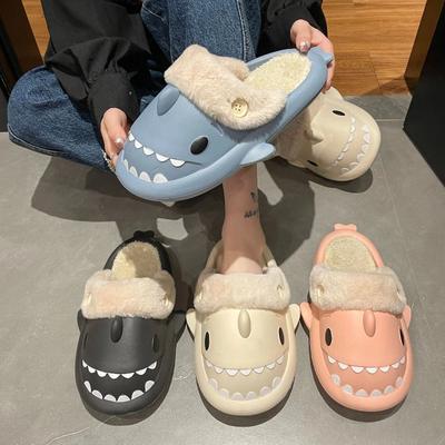 Hiver Antidérapant Requin Coton Pantoufles Femme Imperméable Diapositives d'Intérieur Peluche Chaud Couple Maison Chaussure Plate Décontracté Dames Tongs
