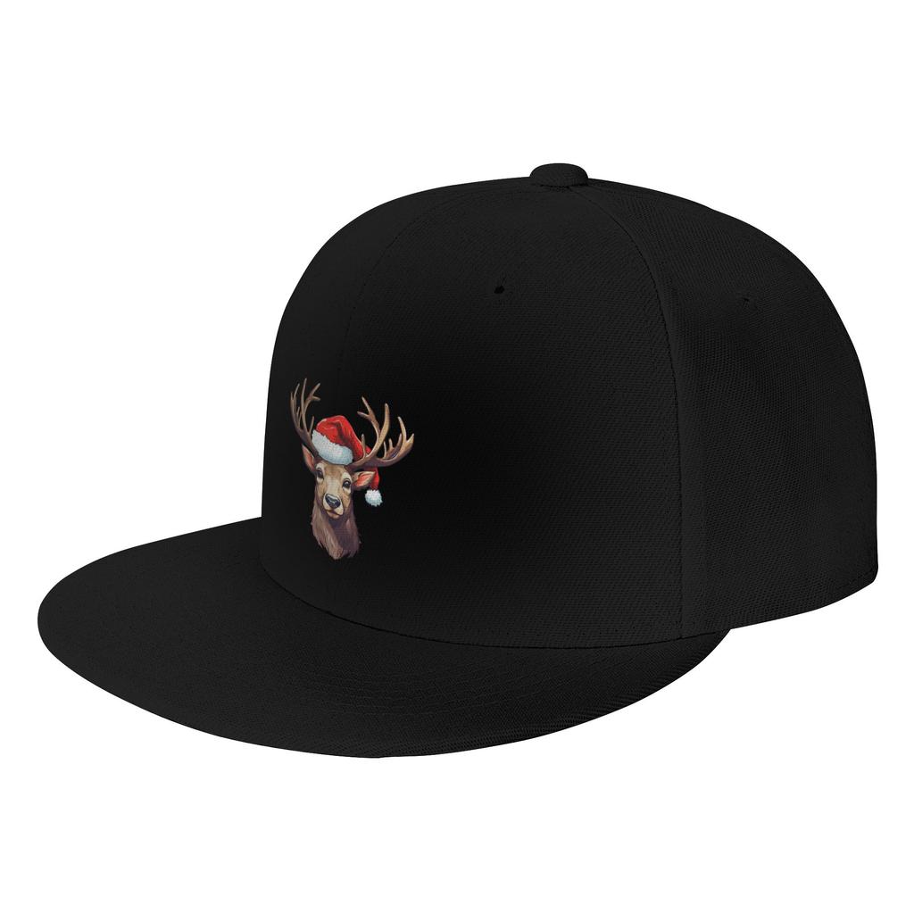 Fashion Adorable Christmas Reindeer donning a Santa Claus hat Flat Brim Sun Hat Holiday Travel Cap Unisex