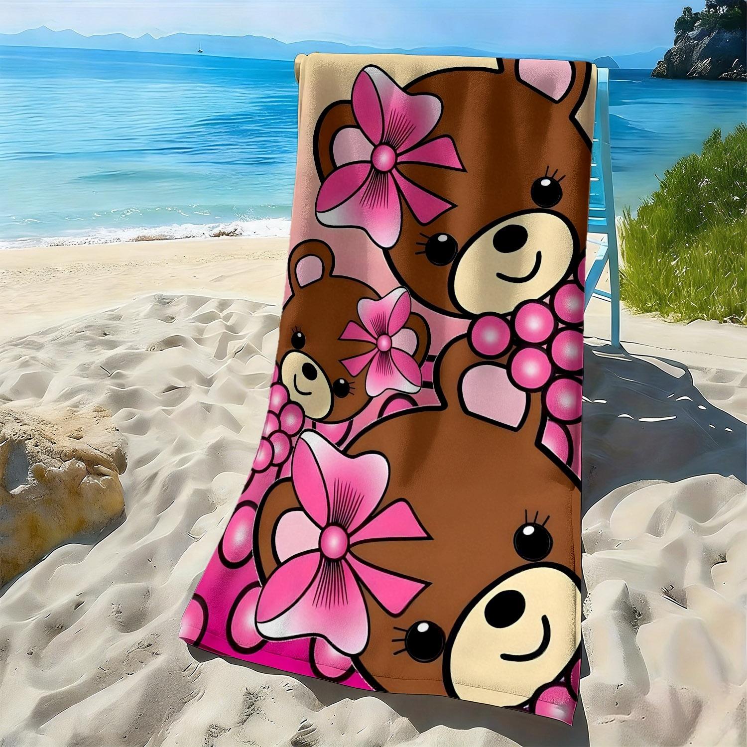 

Cartoon little bear with pink flower polyester microfiber beach towel is highly absorbent, suitable swimming and beach outings W30*H60(CM)