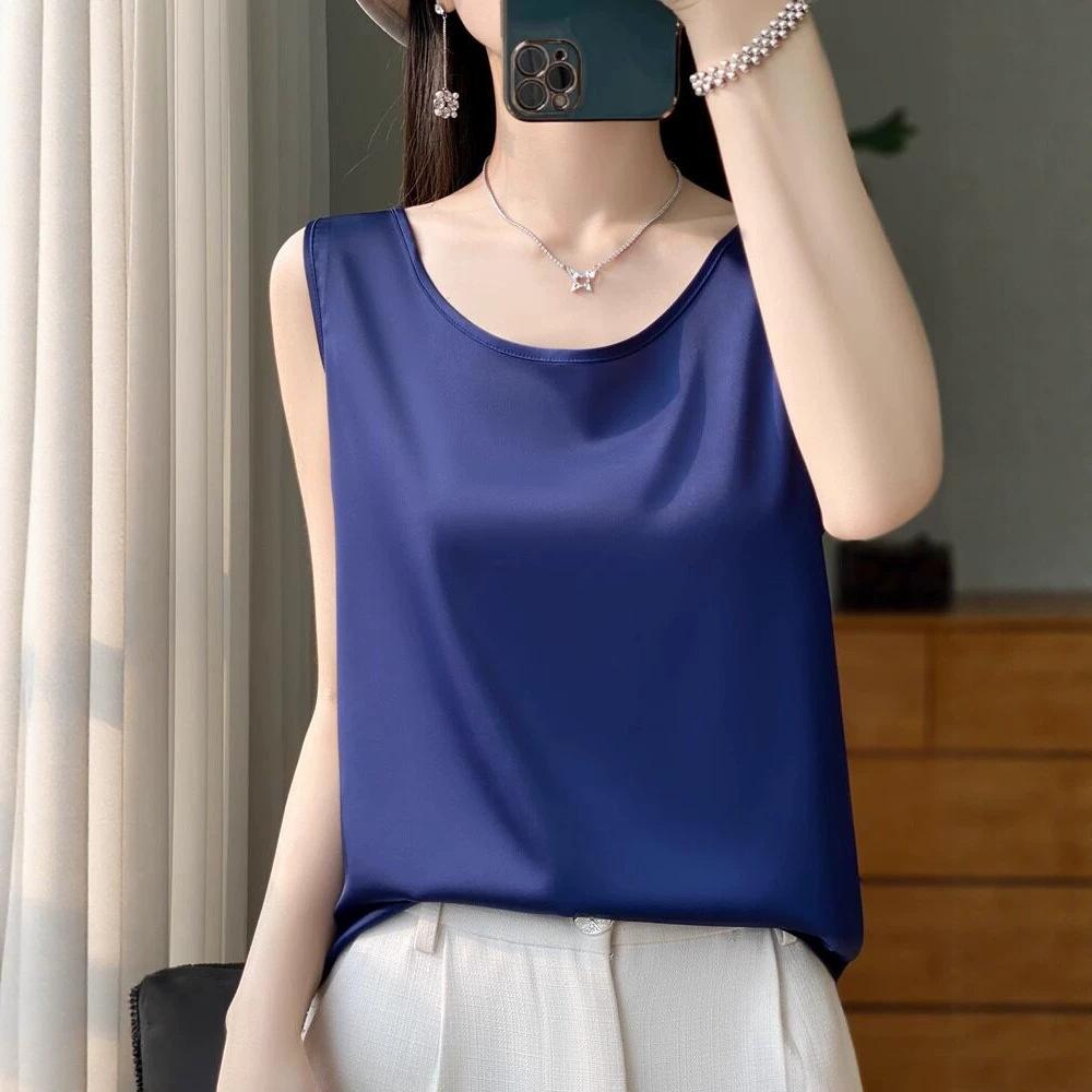 Summer new temperament sleeveless vest women's outer wear fashion round neck foreign style versatile acetic acid satin top A