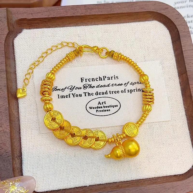 

Classic Chinese style Five Emperors Money with Gourd Bracelet Female Exquisite Pumpkin Round Bead bangles Retro Jewelry золотой