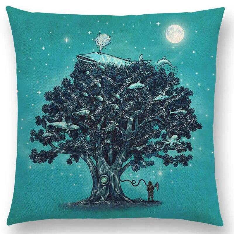 Sofa Throw Pillow Cover Home Decor Cute Little Ghost Sailing Whale Ocean Diver Print Cushion