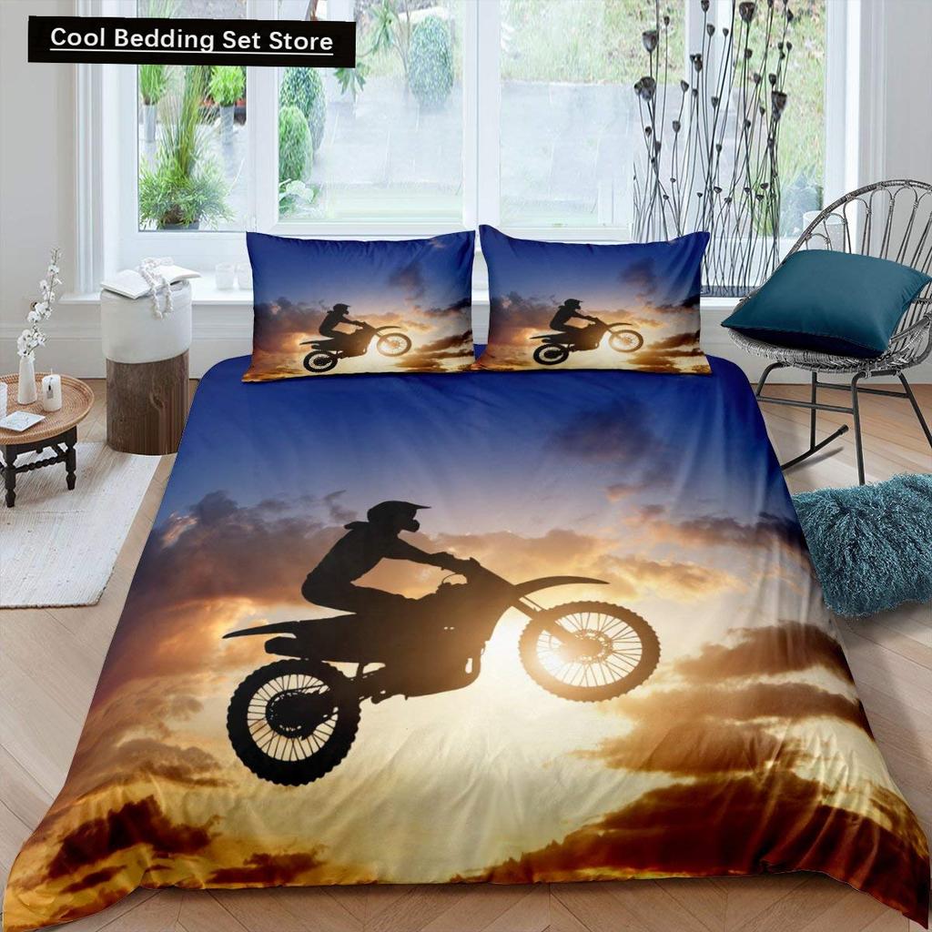 Dirt Bike King Queen Duvet Cover Motocross Sports Bedding Set Motorcycle Quilt Cover Youth Cool Black White Soft Comforter Cover