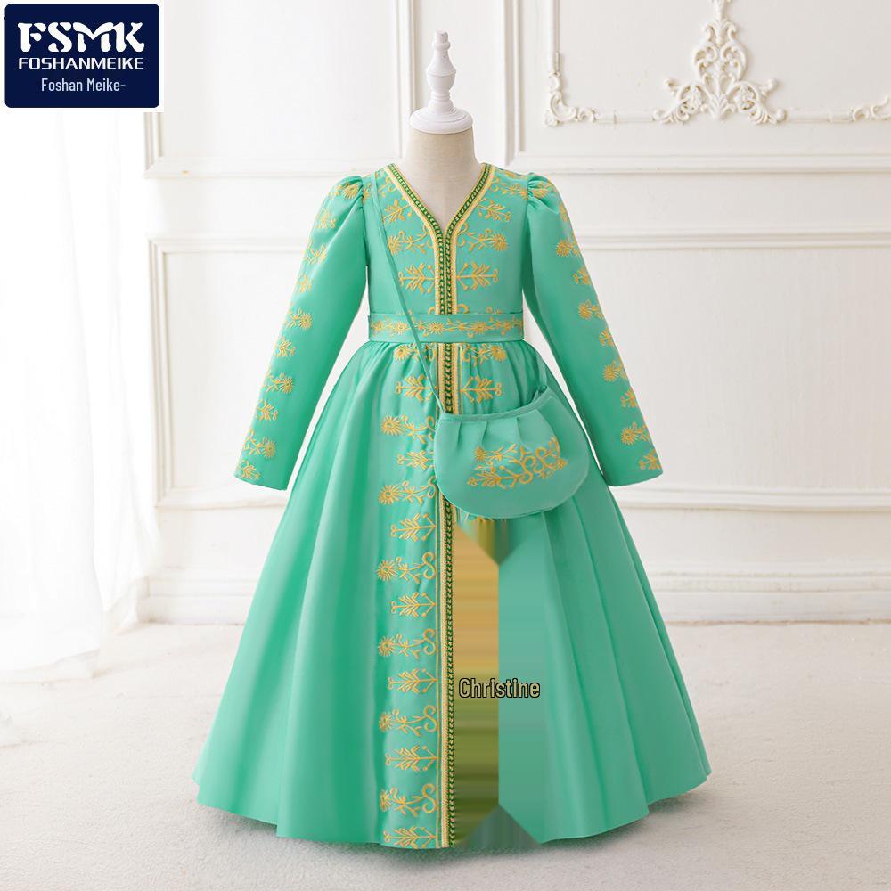 European & American Girls' V-Neck Satin Embroidered Princess Evening Gown