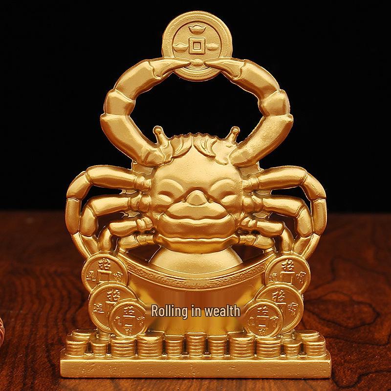 Brass Wealth Crab Ornament with Pincers Holding Coins