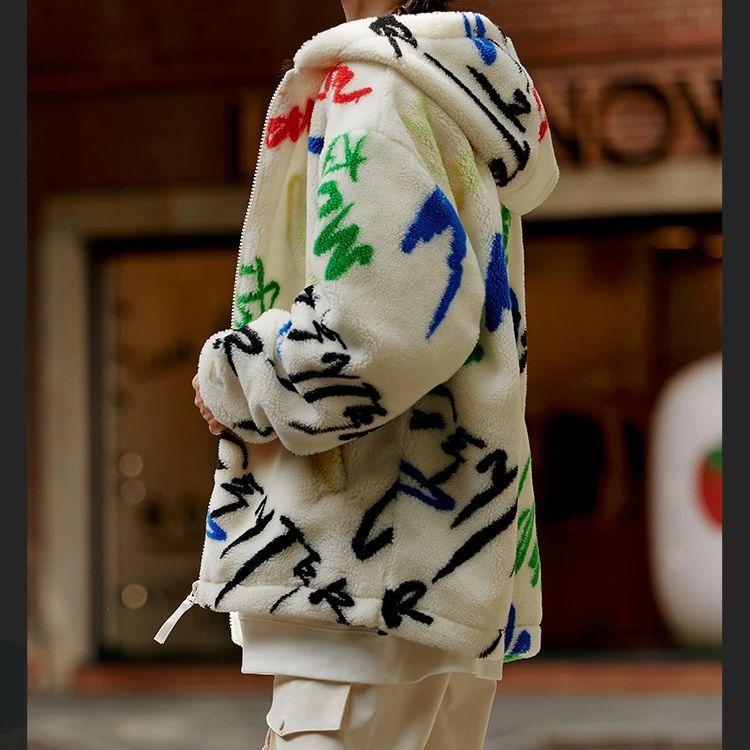 Li-Ning Cf Wu Xing Series Graffiti Pattern Loose Warm Sherpa Jacket Unisex Jacket Off-White AFDR914-1