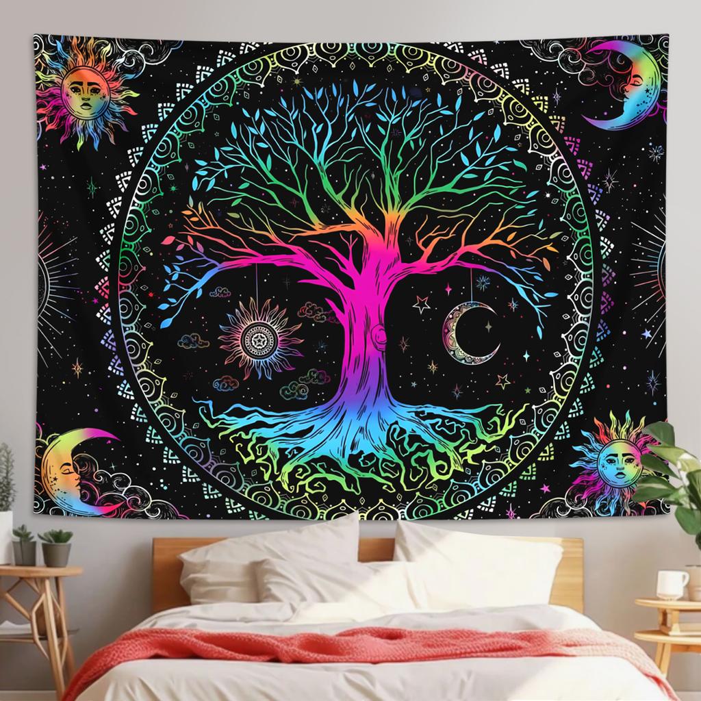 1pc Tree of Life Tapestry Wall Hanging, Aesthetic Galaxy Sun Moon Starry Sky Tapestry, Home Living Room Bedroom Decoration