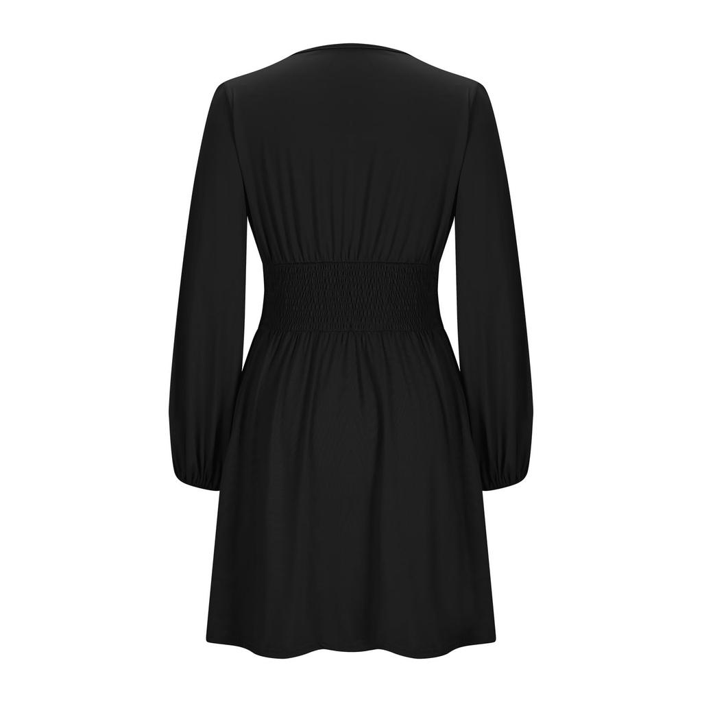 Women's Fashionable Solid Color V Neck Long Sleeved Pleated Versatile Dress