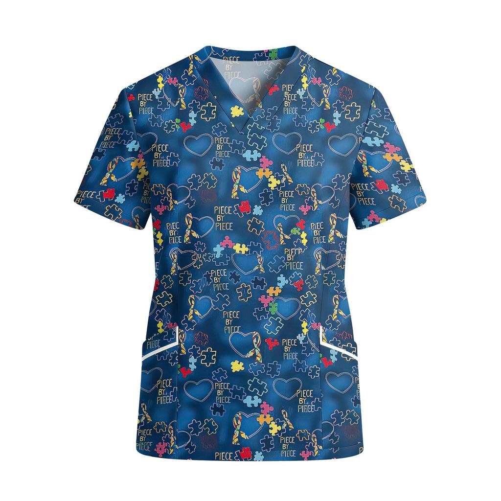 Women’s V Neck Short Sleeve Printed Work Top with Pockets Cute Animal and Heart Pattern Comfortable Fit Scrub Shirt