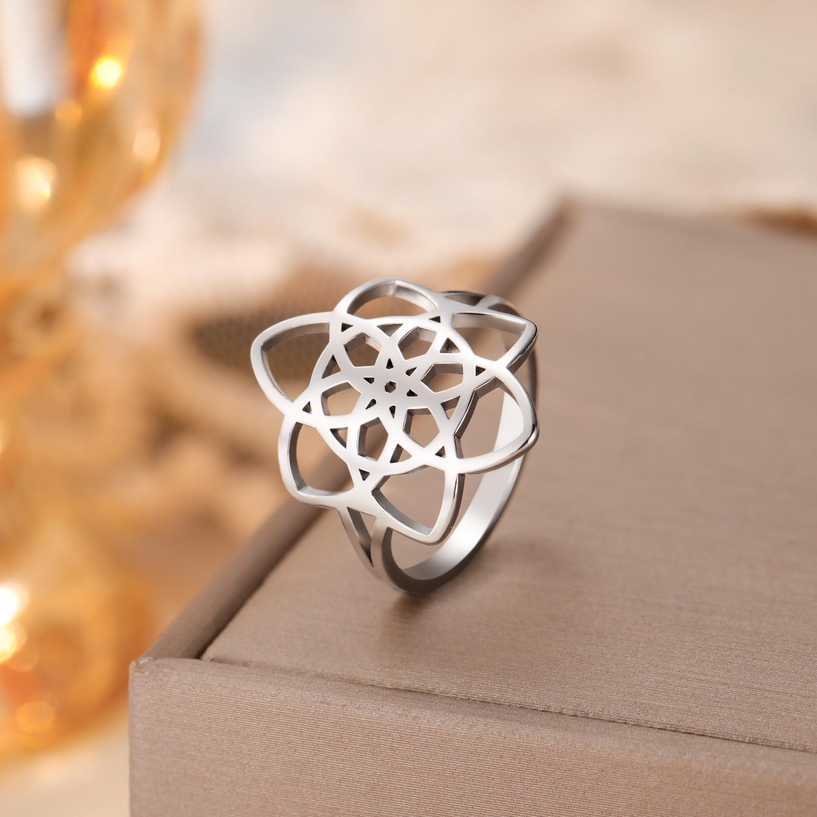 

Кольца Цветок Жизни из нержавеющей стали серебряного цвета, амулеты для хорошей жизни, кольца-ювелирные изделия для женщин и девочек 10