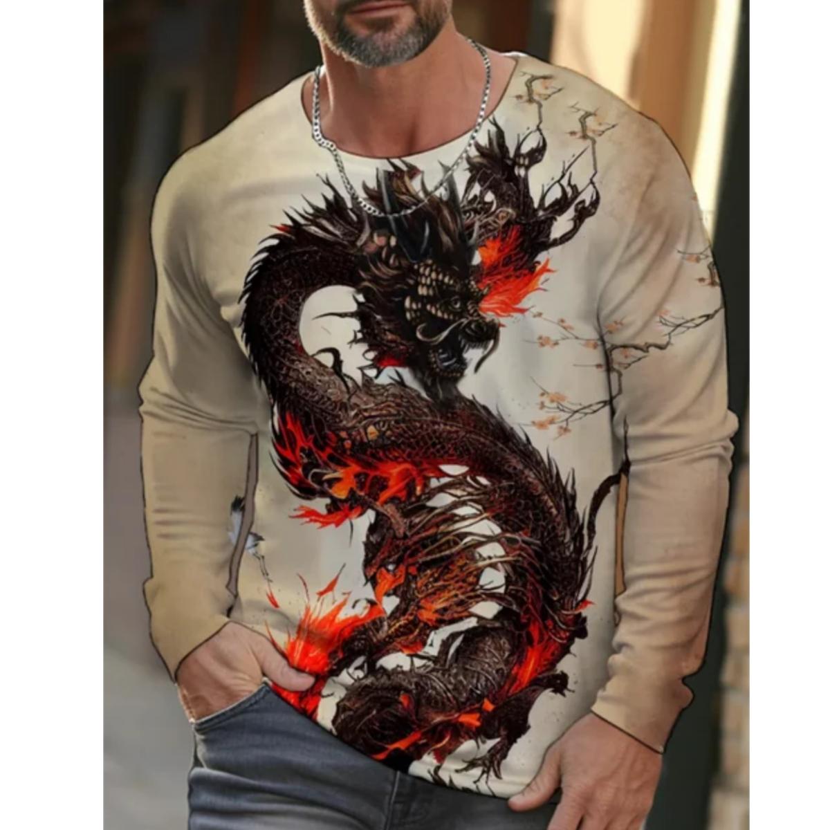 

Новий тренд у вуличному стилі з високою швидкістю обертання, тварина-дракон, 3D-друк, класна футболка, тепла модна повсякденна чоловіча повсякденна футболка з круглим вирізом з довгими рукавами 6XL