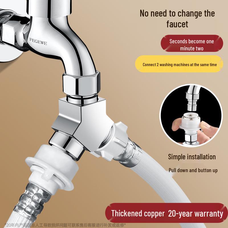 Washing Machine Water Inlet Splitter: Two-Way Copper Connector with Automatic Shut-Off Valve