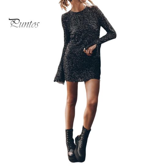 

Платье для леди на осень-весну с длинными рукавами-рогами, разрезами на манжетах, круглым вырезом, пайетками, вырезом на спине, свободным мини-платьем для вечеринок, свиданий и клуба S чёрный