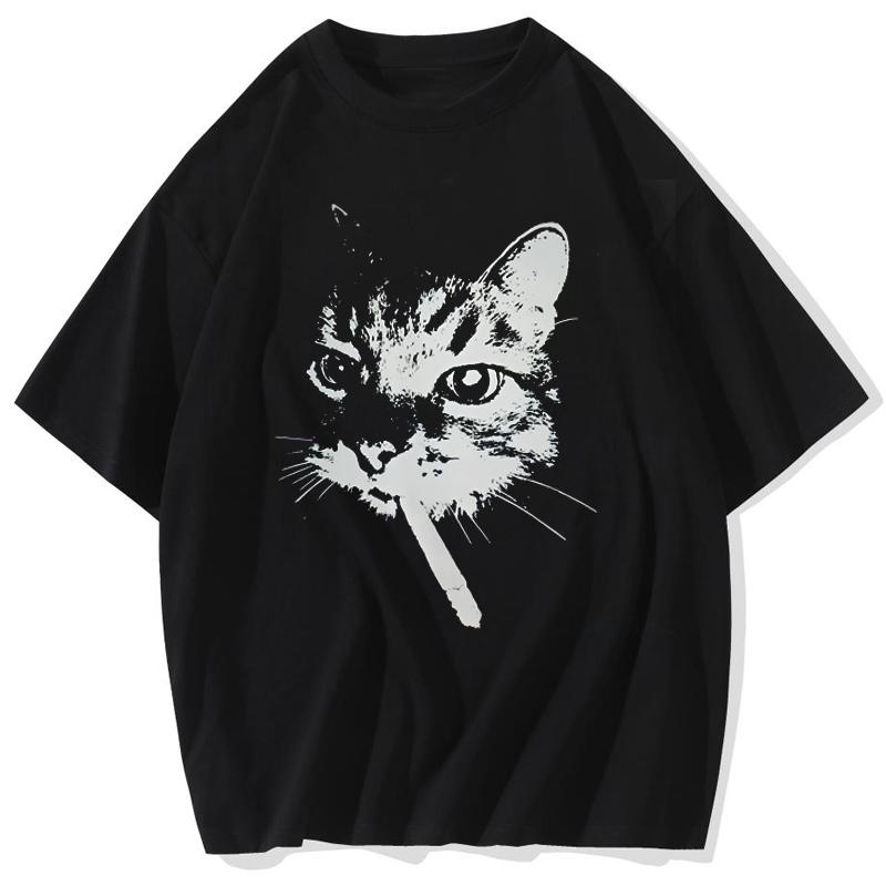 

New Washed tshirts Street Smoking Cat Retro Trendy Personalized Printed Tshirt Mens Windshield Loose Short Sleeve S