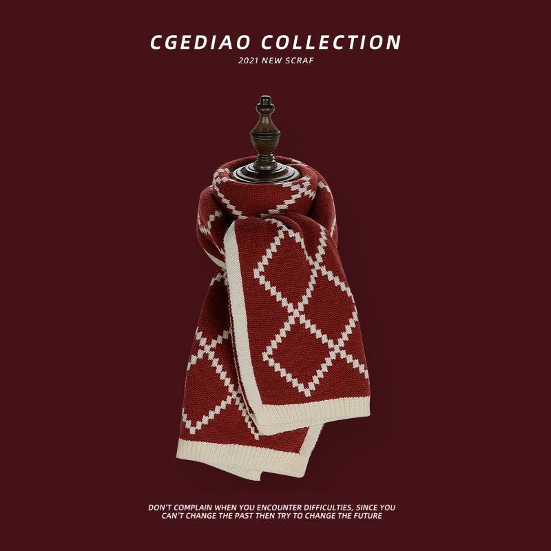 Birthday gift Red scarf Women's winter plaid Versatile Christmas knitted wool Student scarf