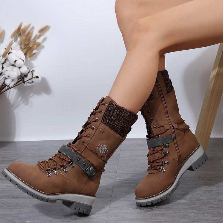 Fashion Shoes for Women Women's Winter Lace Up Mid-tube Boots Low-heeled Round Toe Boots Warm Boots Plus Size 36-43 Zapatos De Mujer