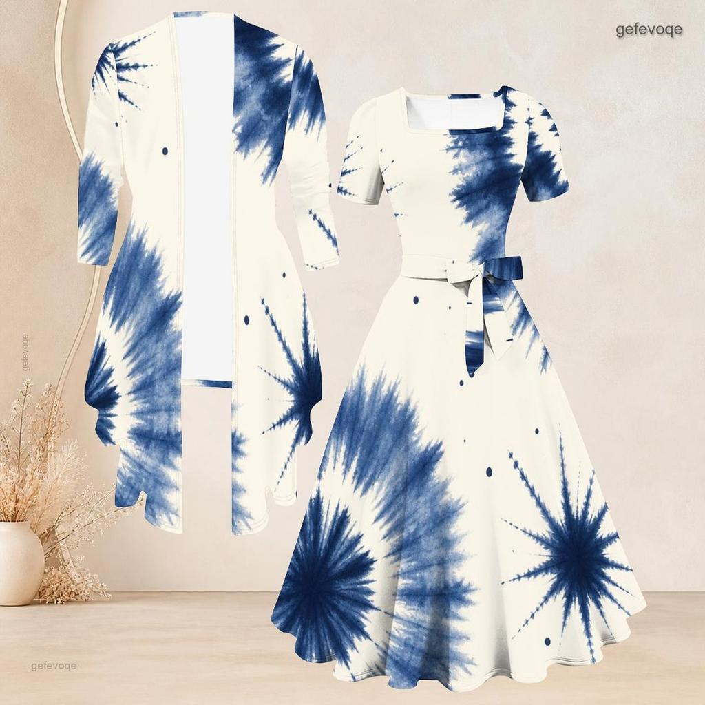 Women Plus Size Two Piece Set Square Neck Short Sleeve Tie Waist Printed Flared Dress 3 4 Sleeve Open Cardigan Blue White