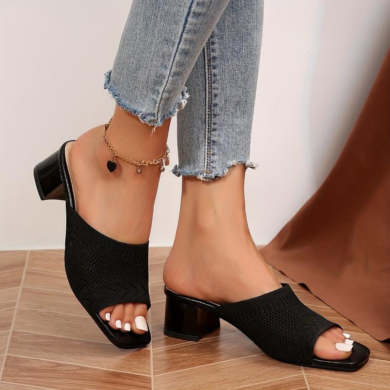Women's Mid-Heel Mesh Slippers Thick Heel Square Head Sandals
