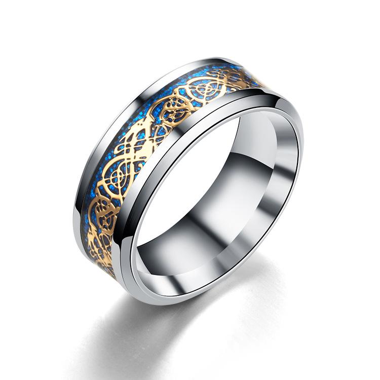8mm Men's Stainless Steel Celtic Dragon Ring Inlay Red Green Black Carbon Fiber Wedding Band Jewelry Size 6-13