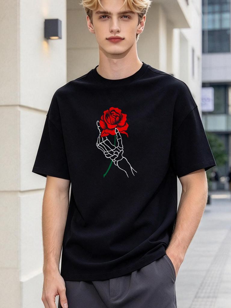 Skull Hand Rose Print Casual Soft Short Sleeve Fashion Comfortable Tops