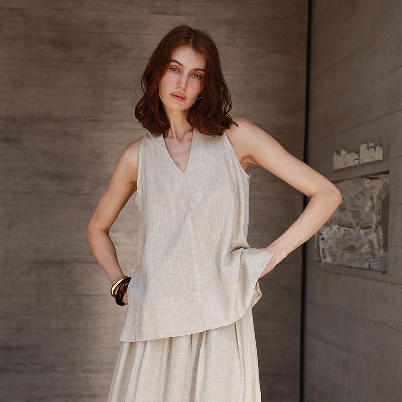 % Linen French V-neck neck vest women's summer new holiday style suspender top shirt T-shirt high-end
