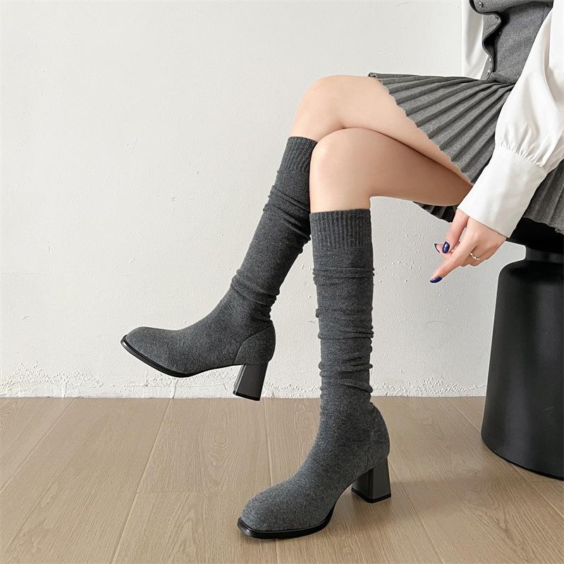 Flying Woven Thick Heel Small Square Head Thin Boots 2025 Autumn New Thick-soled Casual Versatile Knee Boots Elastic Socks Boots