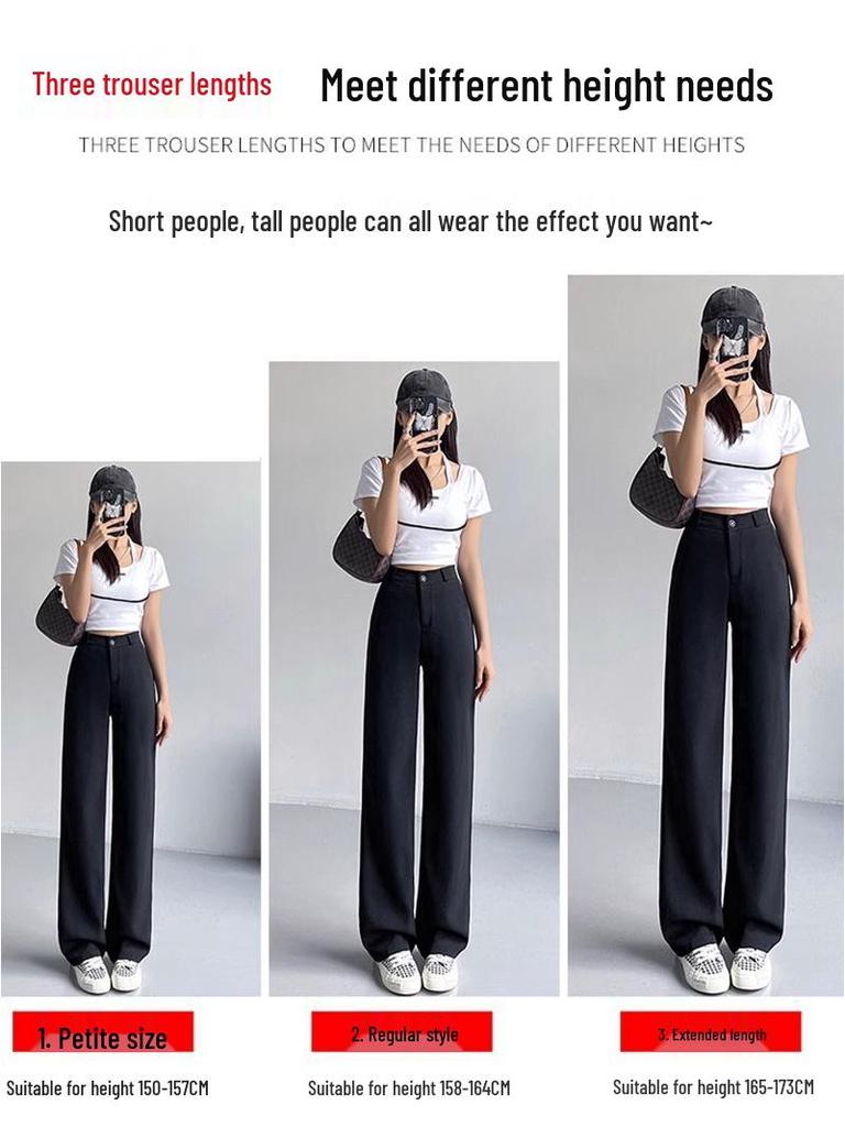 2025 Spring Women's High-Waist Slimming Black Wide-Leg Pants - Petite, Floor-Length Straight-Leg Design