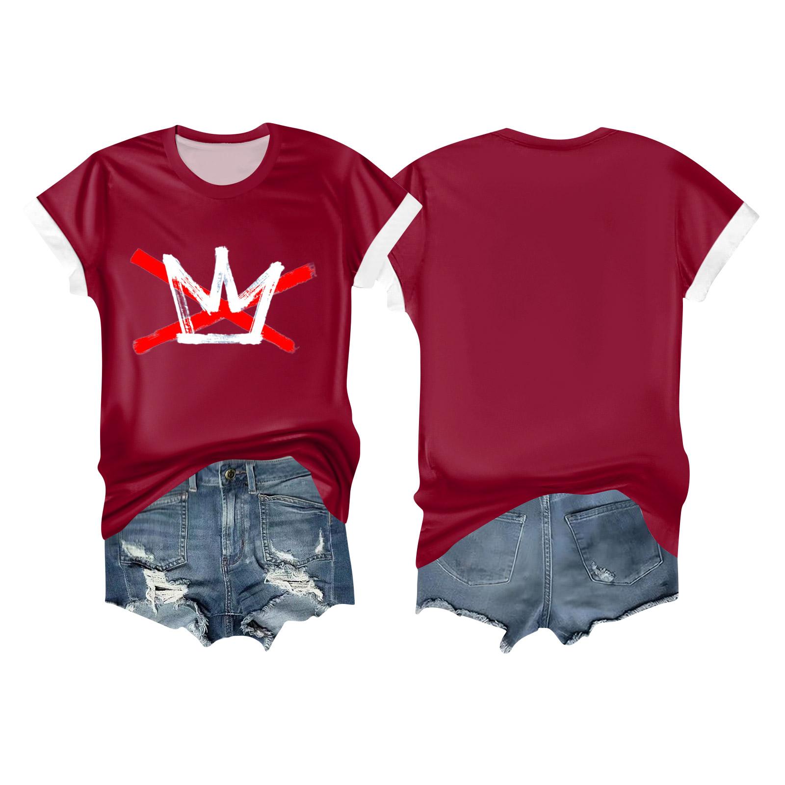 

Женская повседневная футболка с принтом, пуловер с круглым вырезом, топ с короткими рукавами XXL винный