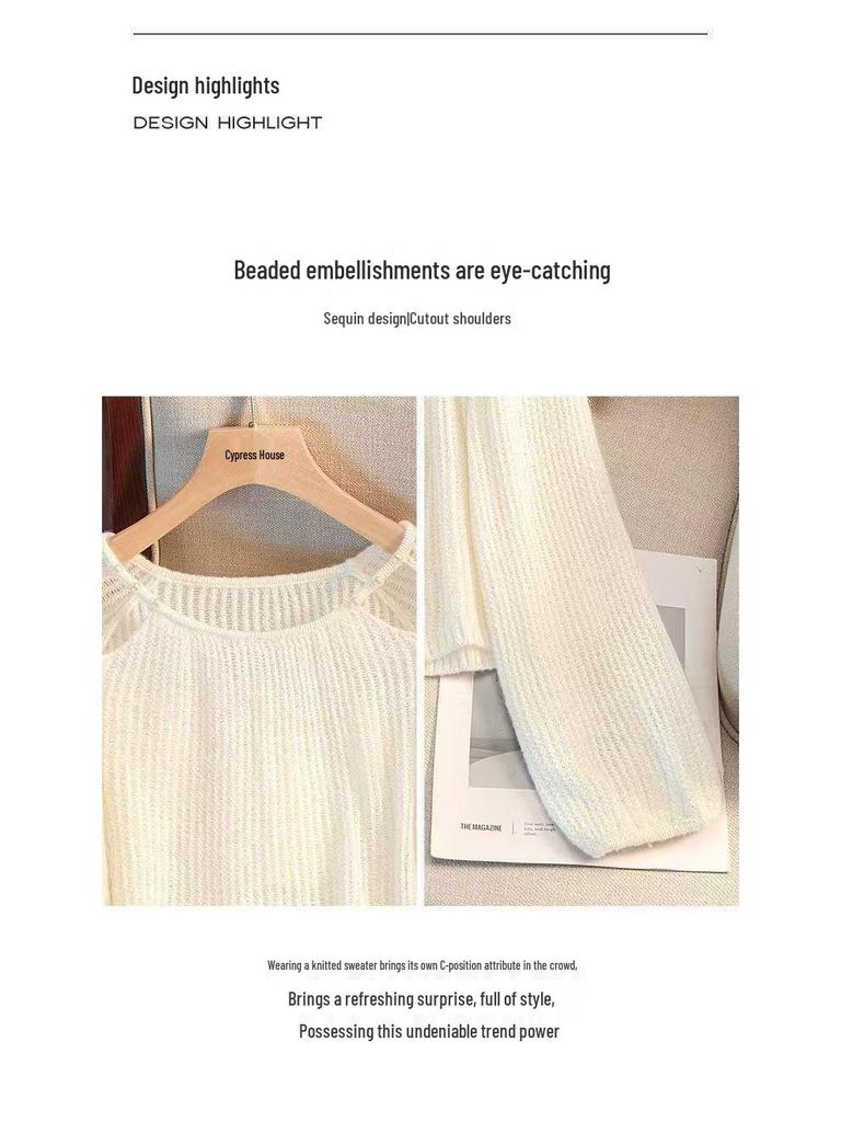 Sweet Openwork Round Neck Beaded Sunscreen Loose Knit Top for Women